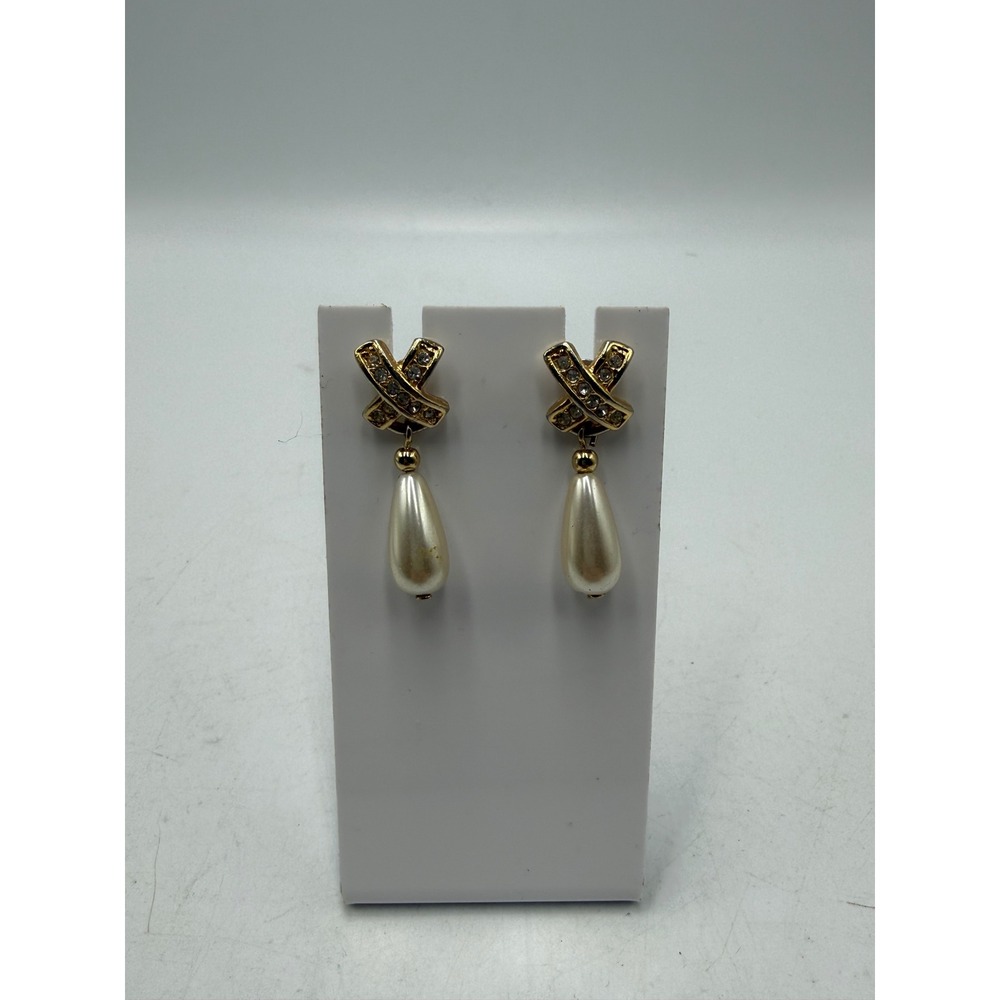Gold Tone Rhinestone X Stud Faux Pearl Teardrop Dangle Earrings Vintage Style